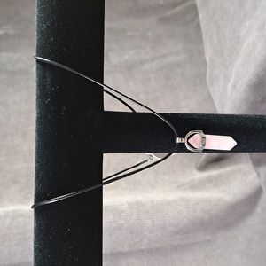 Fashion Jewelry Hexagonal Natural Pink Quartz Black Cord Necklace NEW
